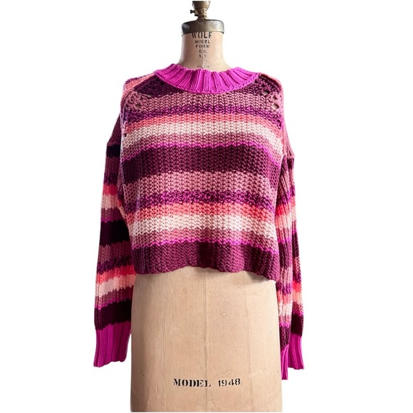 Free People Devon Cropped Knit Striped Sweater in Fuchsia Rose, Sz Sm - Picture 4 of 16